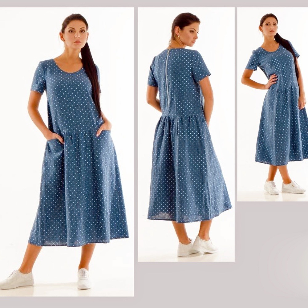 POLKA DOT LINEN DRESS MID-CALF MADE IN EUROPE
